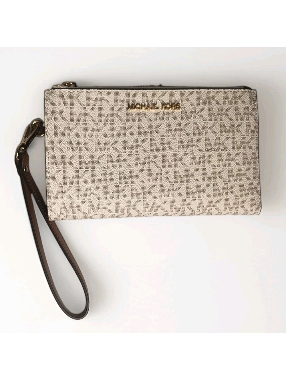Nwt Michael Kors Jet Set Travel Double Zip Wristlet Wallet Brown Vanilla Logo